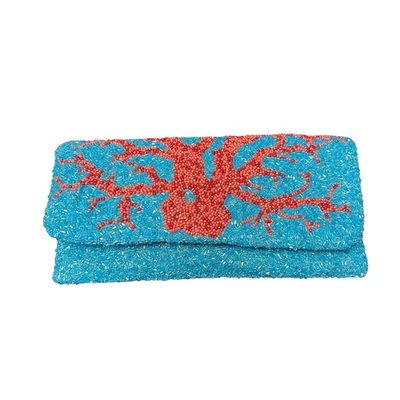 Moyna 绿松石蓝色橙色红色珊瑚礁串珠折叠手拿包  — 第 1/4 张图片