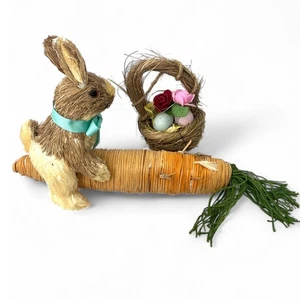 Straw Sisal Woodland Bunny Rabbit Sitting on Carrot Easter Basket Set of 2 - Picture 1 of 8