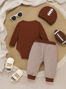 3pcs Boys' Football Pattern Long Sleeve Top, Striped Pants + Hat Brand New 9-12m - Picture 1 of 7