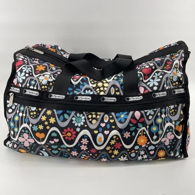 Bolsa de viagem LeSportsac grande preta multicolorida floral estampa de coração fim de semana - Imagem 1 de 4