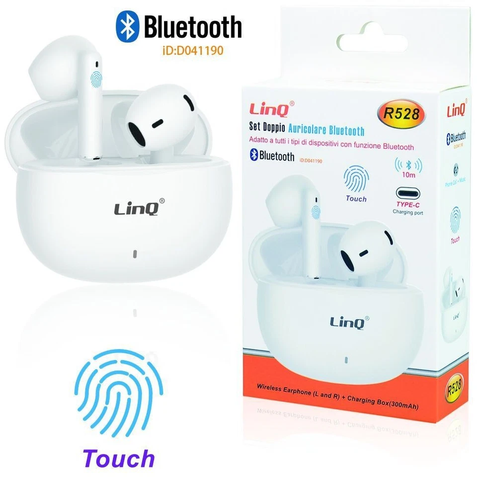 Auricolari Bluetooth LinQ R528 Touch Control Custodia Ricarica 300mAh Bianco - Immagine 1 di 1