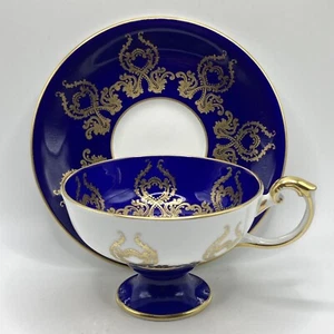 Aynsley Tea Cup And Saucer Pedestal Blue Gold Fruit England Vintage - Picture 1 of 11