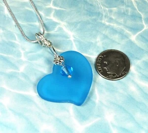 PACIFIC BLUE Sea Glass Jewelry flat HEART pendant w crystal 20" chain - Picture 1 of 6