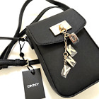 NWT Original DKNY Cleo Flap Phone Crossbody Bag Black Charm Dangle Letters Gold