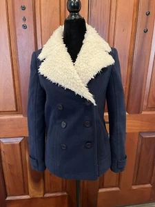 American Eagle Outfitters Wool Navy Double Breasted Pea Coat Sherpa Collar XS - Picture 1 of 10
