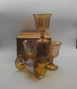 4 calici vetro carnevale ambra raccolta oro Indiana uva iridescente vintage cofanetto set - Foto 1 di 16