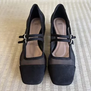 Zara Womens Mary Jane Block Heel Flats Black Suede Sheer Double Strap EU 35 US 5 - Picture 1 of 20
