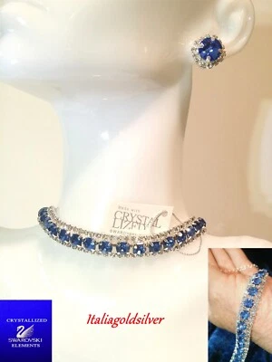 Collana Donna Collier Argento Blu Orecchini con Cristalli Swarovski Originali - Immagine 1 di 4