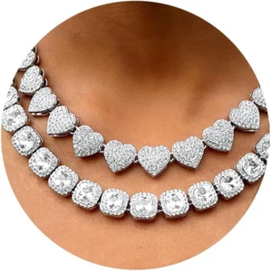 Damen 18+20" Zink Halskette, Cluster Diamant Tennis Kette & Herz Halskette S - Bild 1 von 12