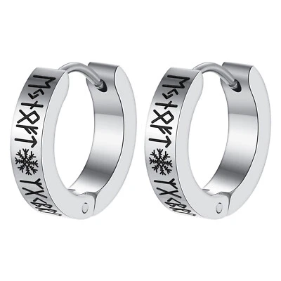 2pcs Norse Viking Runes Hoop Earrings Punk Amulet Protection Huggie for Men Boys - Image 1 of 4