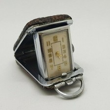 VINTAGE RARE TRAVEL PURSE CLOCK BROWN LEATHER CASE