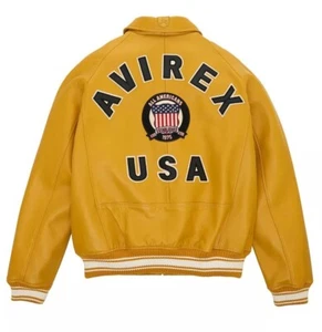 Men's Avirex Yellow Bomber American Flight Real Sheep Skin Leather Jacket - Picture 1 of 3
