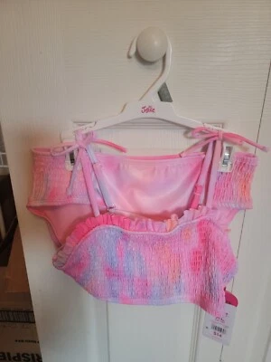 Girls Justice 2 Piece Pink Tie Strap Smocked Bikini Swimsuit Size L  (12/14) NEW - Image 1 of 2