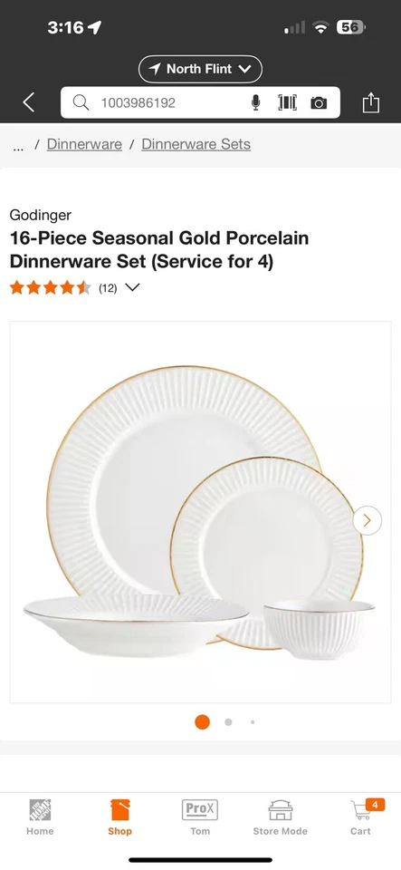 Godinger Dinnerware Sets 16-Piece Dishwasher Safe Porcelain Gold (Service for 4) - Image 1 of 1