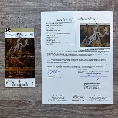 Boleto autografiado por Drew Brees New Orleans Saints 25/09/06 Katrina Coming Dome JSA Foto 1 de 4