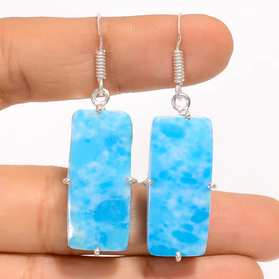 Pendientes colgantes de plata 925 con piedras preciosas de moda Larimar 1,9" ARE-4145 Foto 1 de 1