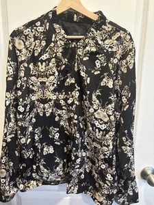 Guess Satin Bomber Jacket Size Large Lightweight Black Cream Floral Women - Picture 1 of 3
