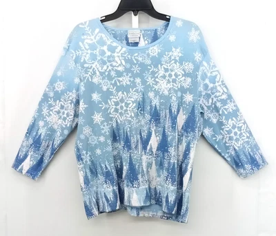 Morning Sun Shirt Women Size 2X Blue Snowflakes Holiday Christmas Pullover Top - Image 1 of 4