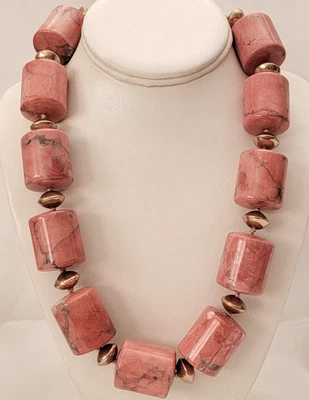 Elements by NEST Chunky Pink Jasper Tubular Beads Gold Tone Heavy Necklace 22" L - Image 1 of 4