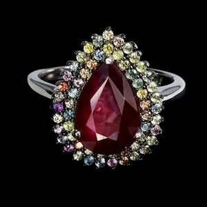 925 Sterling Silver Ring Pear Ruby 12x8mm Sapphire Diamond Cut Gemstone Size 7.5 - Picture 1 of 14