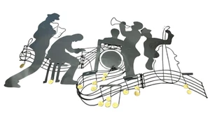 VTG Trifold Black Jazz Band Metal Cutout Wall Decor' Large Black Gold Accents - Picture 1 of 4