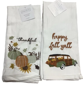 2pk Crown & Ivy Thankful Fall Pumpkin Embroidery Thankful Kitchen Towel 18x28" - Picture 1 of 5