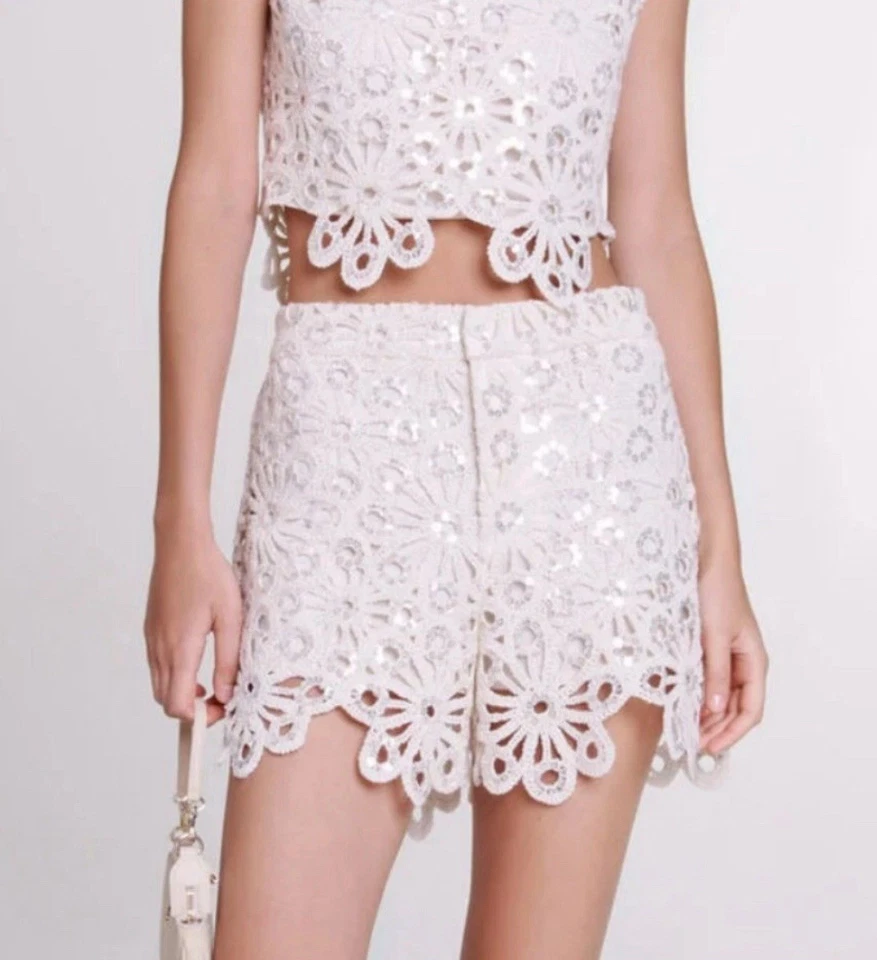 Shorts Maje de crochê e lantejoulas, tamanho 38, novo com etiquetas, varejo $385 - Imagem 1 de 4