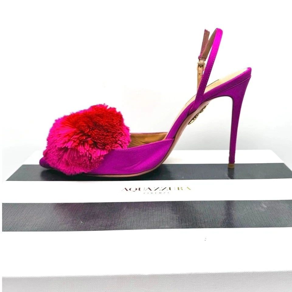 Bombas AQUAZZURA Powder Puff Pompom Satin Slingback en magenta talla 37,5 Foto 1 de 4