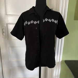 Vintage Y2K Retro Jungen M schwarz Knopfleiste Hemd Tribal Raute Kurzarm - Bild 1 von 12