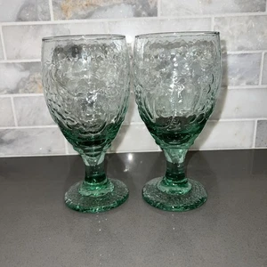 Vintage SET OF 2 Libbey Glass Orchard Fruit Green Stemmed Water Goblets-14-16 oz - Picture 1 of 9