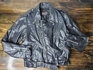 Giacca moto pelle BROOKS vintage made in USA nera taglia 40 punk Harley patch - Foto 1 di 11