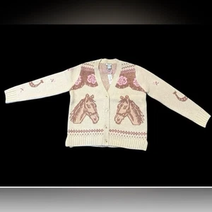 Strickjacke Haute Hippie creme und rosa Pferdemuster Größe L neu mit Etikett - Bild 1 von 9