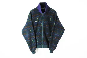 VTG 90s Columbia Jacket Dark Green Aztec Southwestern Zip Fleece Mens Medium - Picture 1 of 5