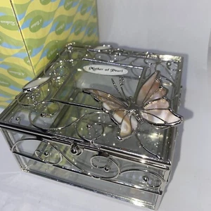 Jewelry Box Leaded Glass White Butterfly Mother Of Pearl Flowers A. Richesco NIB - Picture 1 of 8
