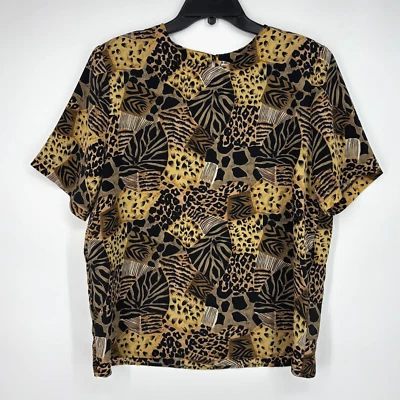 Kathy Che Womens Large Vintage Pullover Blouse Black Tan Multi Animal Print SS - Image 1 of 4