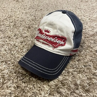 Budweiser Beer Hat Distressed Flex Fitted OSFM Red White Blue American Flag Mesh - Image 1 of 4