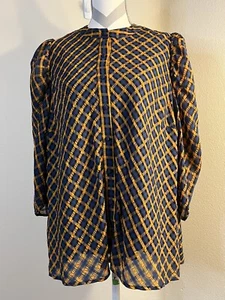 Eva Franco Damen blau schwarz gold Knopfleiste gefüttert kariert Bluse Gr. 16W - Bild 1 von 7