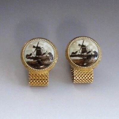 Gemelos de malla vintage para hombre Swank dorado porcelana sepia y blanca Delft Foto 1 de 4