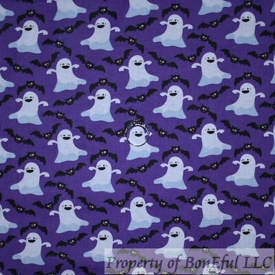 BonEFul Cotton Quilt Purple White Ghost Black Bat Halloween B&W Damask KID SCRAP - Image 1 of 4