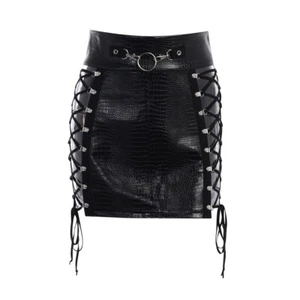 Women Mini Hollow Out Skirt PU Faux Leather Bandage Punk Club Gothic Sexy - Picture 1 of 12