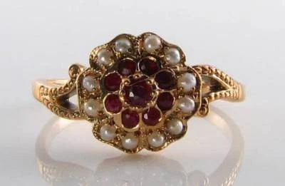 DIVINE 9K 9CT GOLD INDIAN RUBY PEARL CLUSTER VINTAGE INS RING FREE RESIZE - Image 1 of 4
