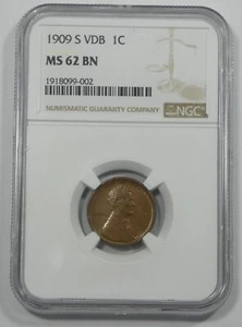 1909-S VDB Lincoln/Wheat Ears reverse Cent CERTIFIED NGC MS 62 BROWN 1c - Picture 1 of 4