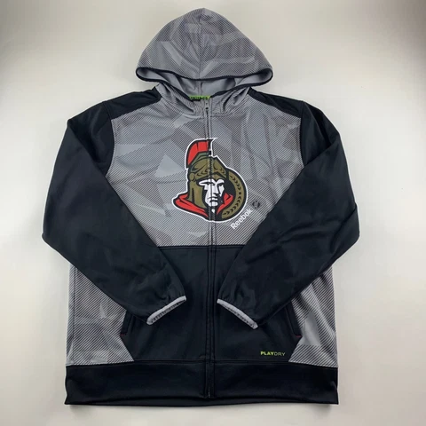 Ottawa Senators NHL Black Gray Reebok Play Dry Zip Up Hoodie Mens Large Cover