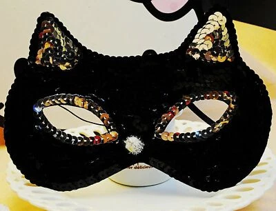 Women Girls Black Sequins Cat Kitty Costume Party Fancy Dance Eye Face Mask - Image 1 of 3