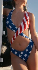 Red White Blue USA Flag Criss Cross Front Tank Back 1 Pc Swim Bikini Swimwear - Picture 1 of 4