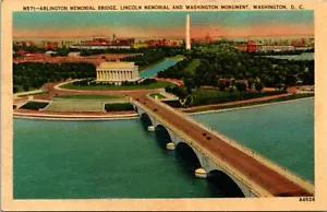 Arlington Memorial Bridge Lincoln Memorial & Washington Monument Linen Postcard - Picture 1 of 2