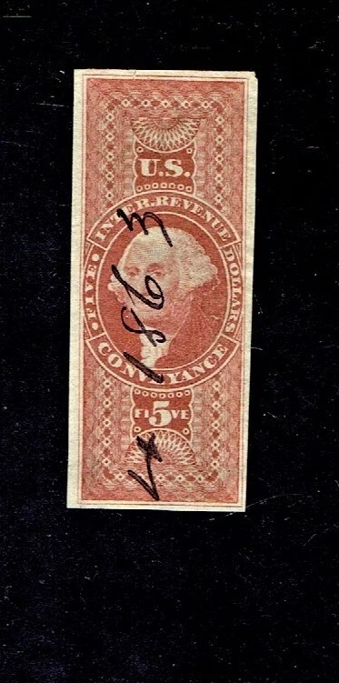 1862-71 U.S.First Issue Revenue $5 CONVEYANCE IMPERF Sc#R89a 1863 Pen Cancel - Image 1 of 1
