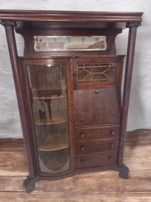 古董美国帝国古玩书柜秘书锁定中国内阁老虎橡木 — 第 1/4 张图片