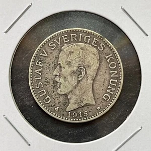 1915 W 2 KRONOR SWEDEN GUSTAF V 80% SILVER KM#787 LOW MINTAGE - Picture 1 of 5