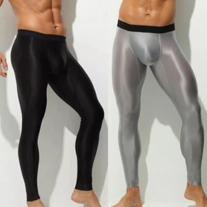 NEW Men Glossy Satin Pants Breathable High Elastic Fitness Warm Tights Plus Size - Picture 1 of 26